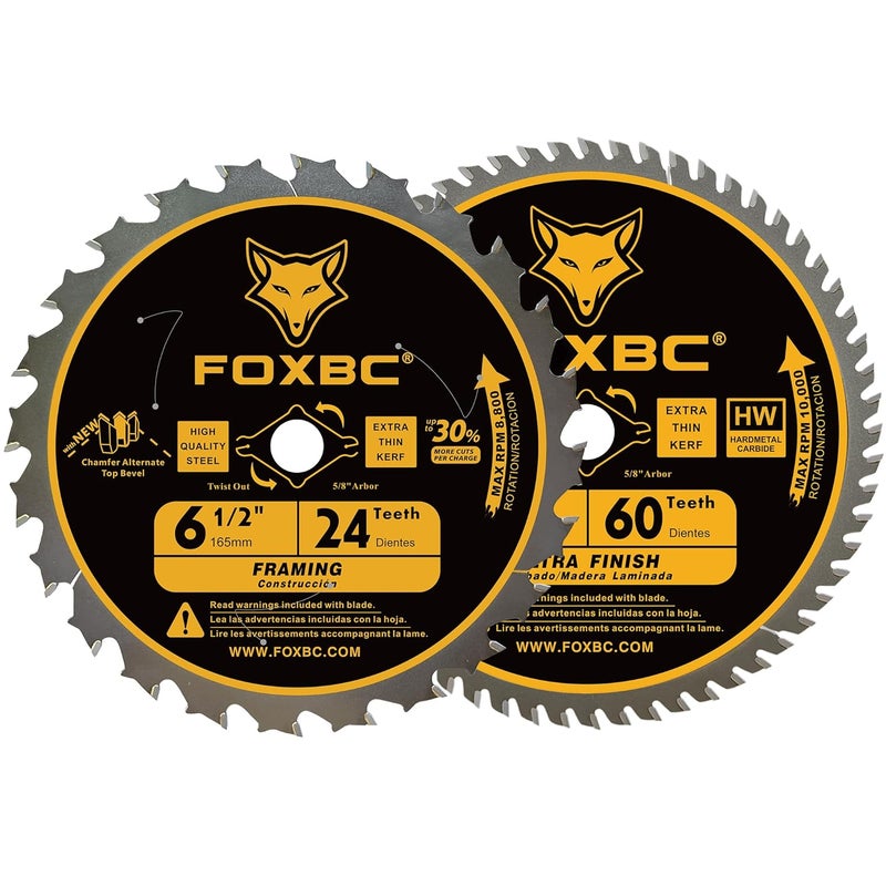 FOXBC 6-1/2 inch Circular Saw Blade 24T 60T Combo Pack, Wood Cutting, Thin-Kerf with 5/8" Arbor - Image 1